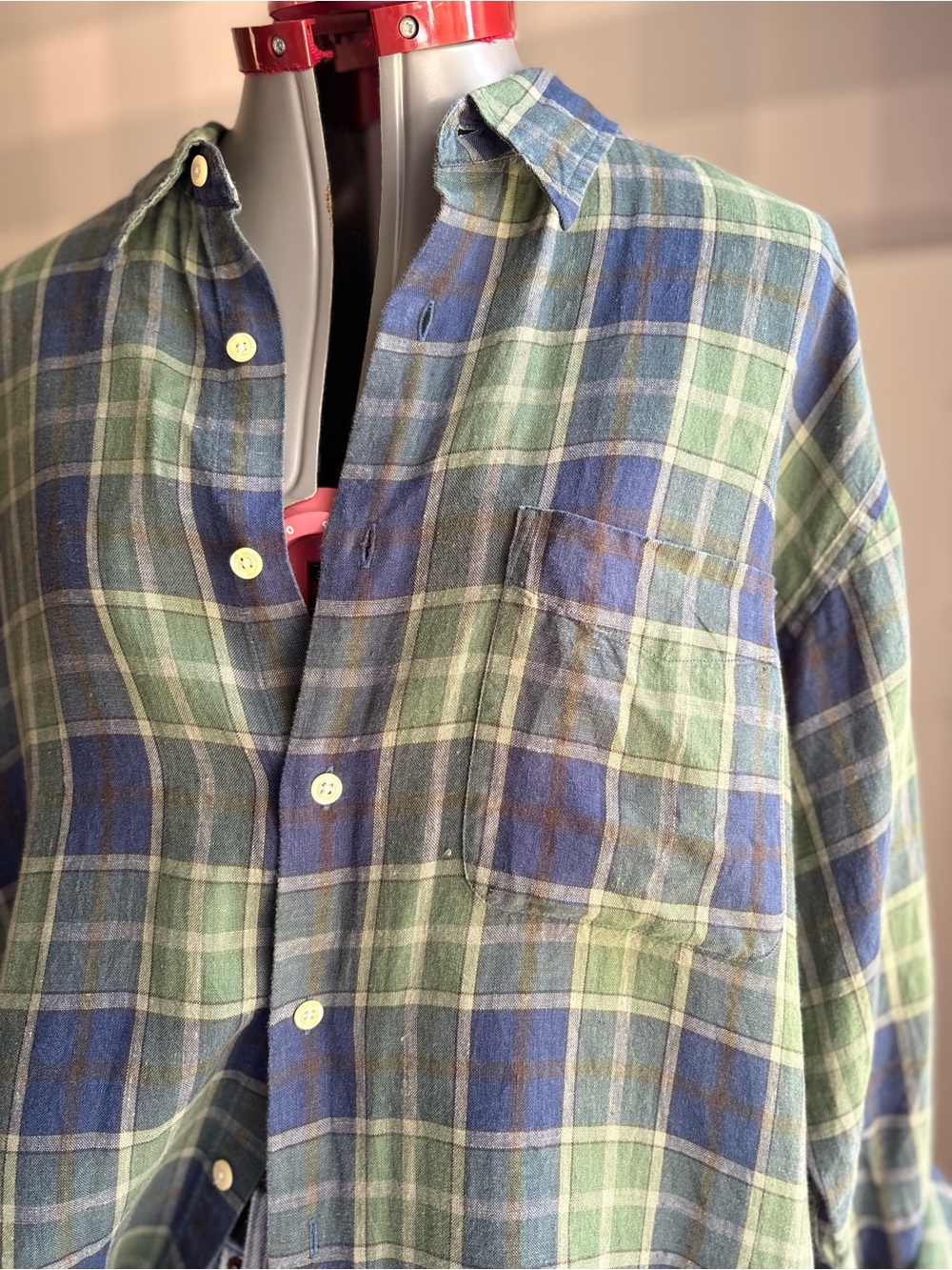J. Crew Linen Olive Green and Navy Plaid Button-Front Shirt Large - Picture 5 of 7